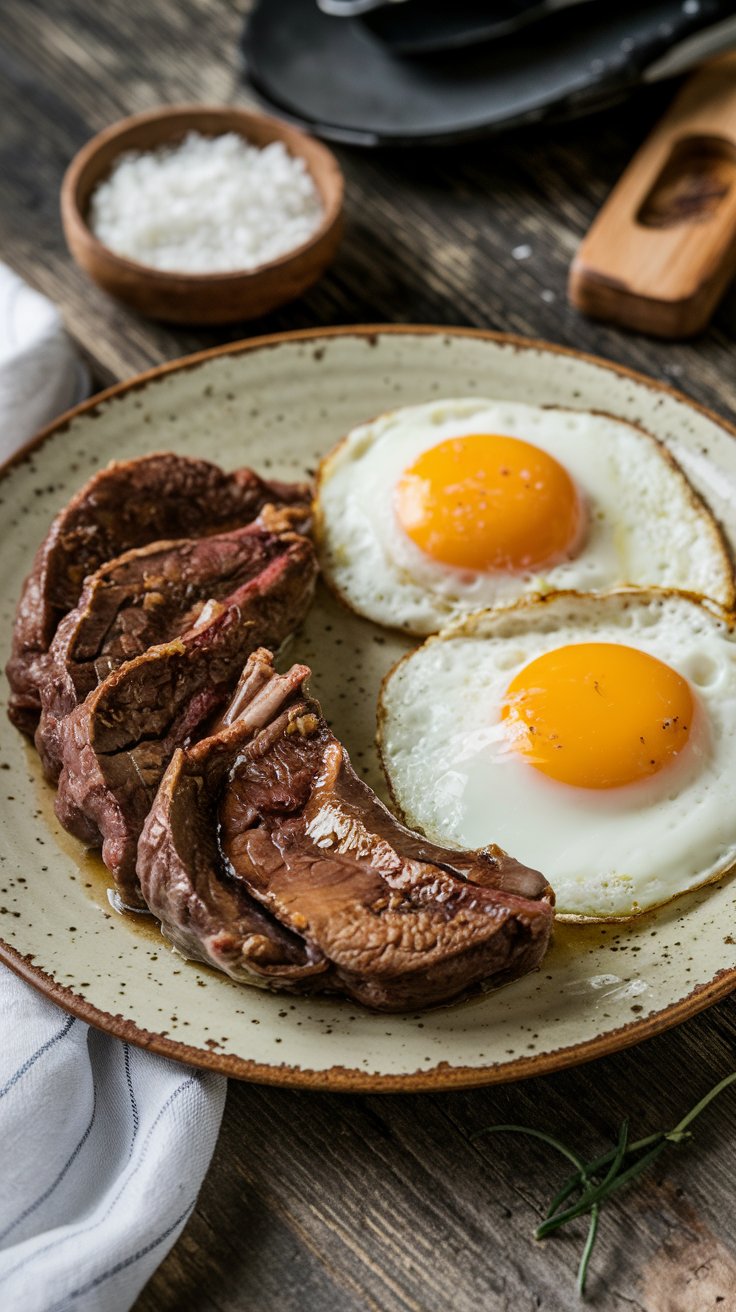 A rustic plate with seared liver, glistening with melted butter, next to perfectly fried eggs with golden yolks ready to burst.