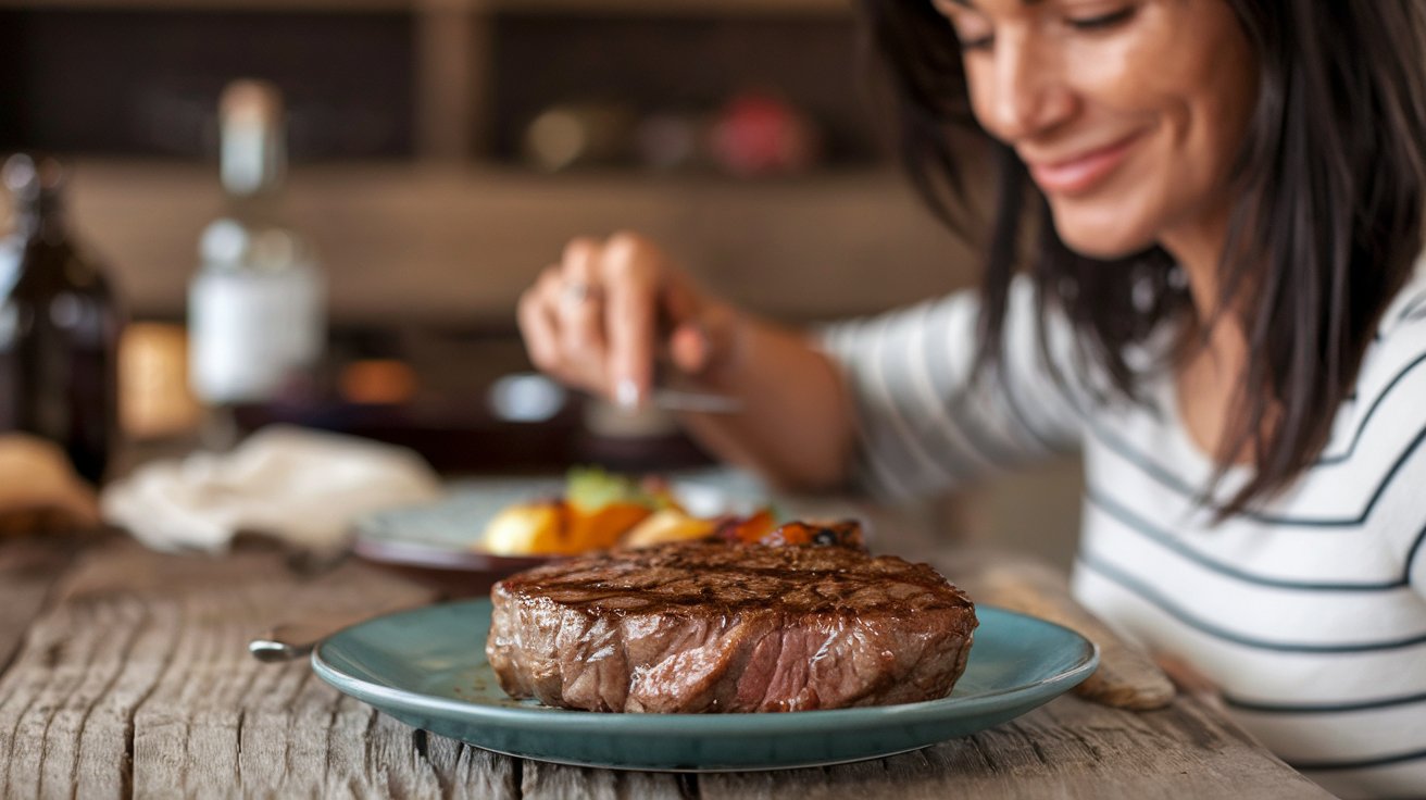 A person with dark hair sits at a rustic wooden table, smiling and holding a fork over a blue plate with a grilled steak, perfectly embodying the carnivore diet. The blurred background features a bottle and more food.