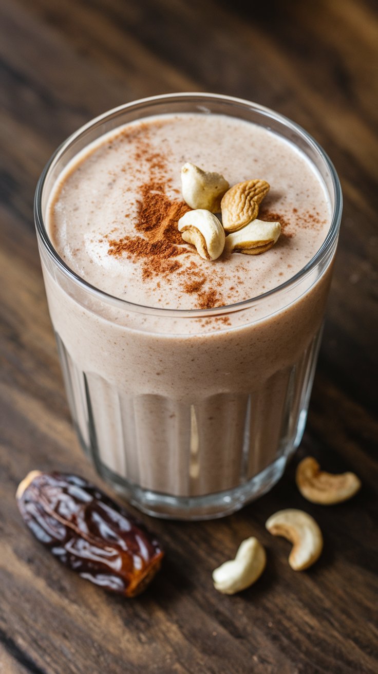 A glass filled with a yummy cashew and date smoothie.  This creamy smoothie blends cashews and dates for a naturally sweet, magnesium-rich breakfast option. It’s quick, filling, and tastes like dessert in a glass. This recipe has well over 100mg of magnesium!