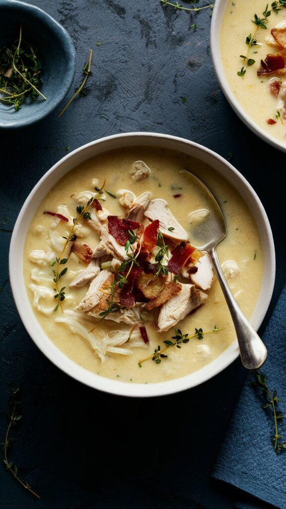 A creamy, pale soup with chunks of tender chicken, garnished with crispy bacon and fresh thyme.