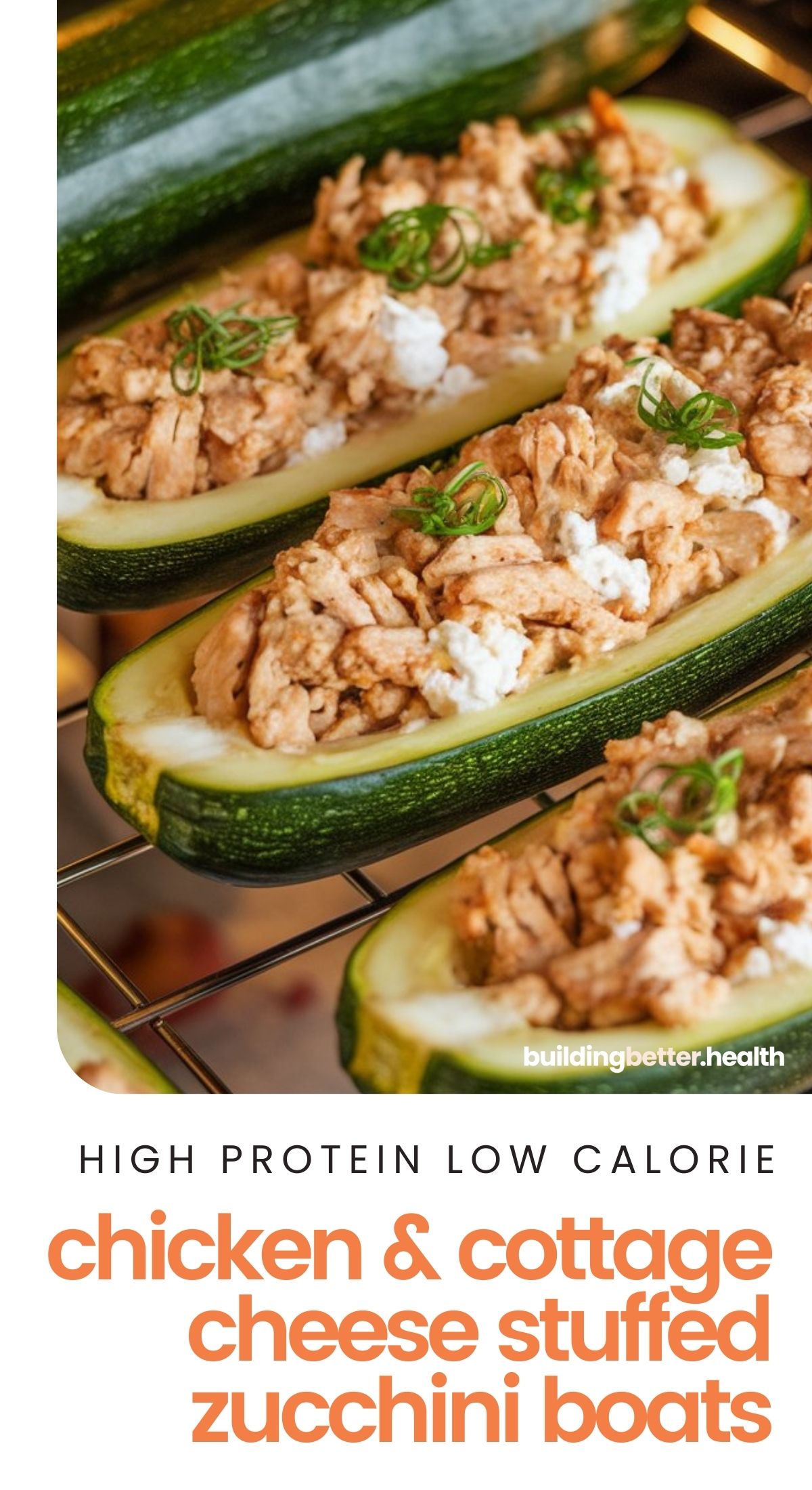 Chicken and Cottage Cheese Stuffed Zucchini Boats baking in the oven.  This high protein dinner idea is less than 300 calories!