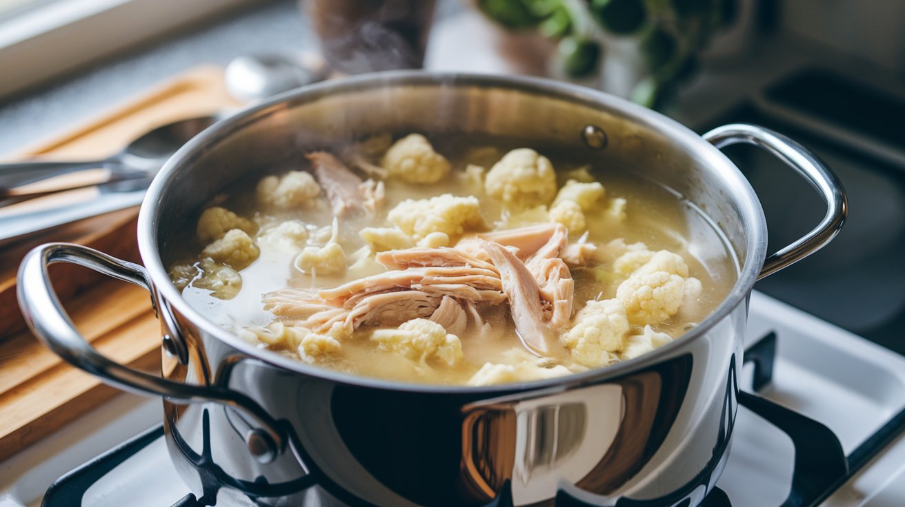 A stainless steel pot on the stove bubbles with delicious Chicken and Cauliflower Soup, featuring shredded chicken and vibrant cauliflower florets. Steam swirls upwards, while kitchen utensils lie nearby. In the background, a cutting board rests beside a leafy plant.