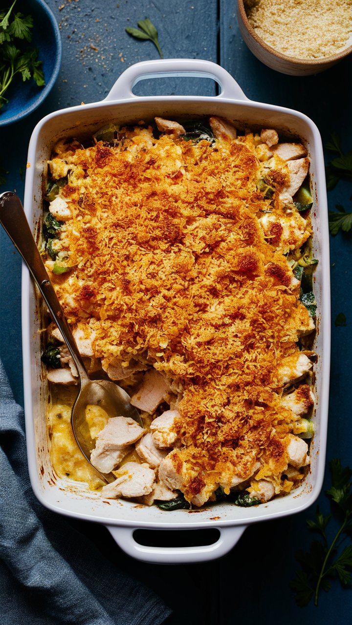 This creamy chicken casserole features succulent chicken pieces combined with cottage cheese, vegetables, and a blend of seasonings, baked until bubbly and golden.