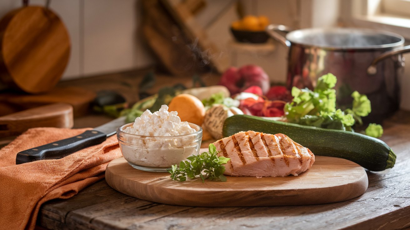 A delightful cottage cheese and chicken recipe featuring a grilled chicken breast on a wooden board, garnished with herbs and zucchini, all amidst fresh vegetables on a rustic kitchen table. A pot steams gently in the background.