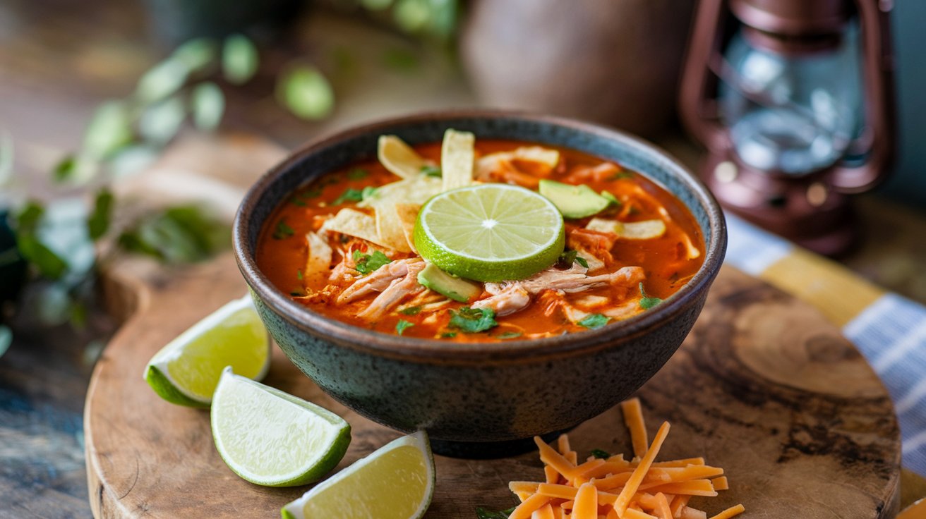 A bowl of spicy chicken tortilla soup garnished with a lime slice, tortilla strips, and cilantro. Shredded cheese and lime wedges grace the wooden board beside this delicious chicken tortilla soup. A small lantern glows softly in the background.