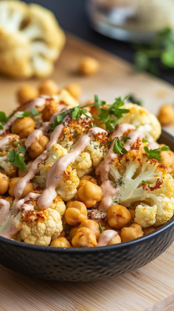 A bowl of golden cauliflower and chickpeas, roasted to crispy perfection, garnished with tahini drizzle.