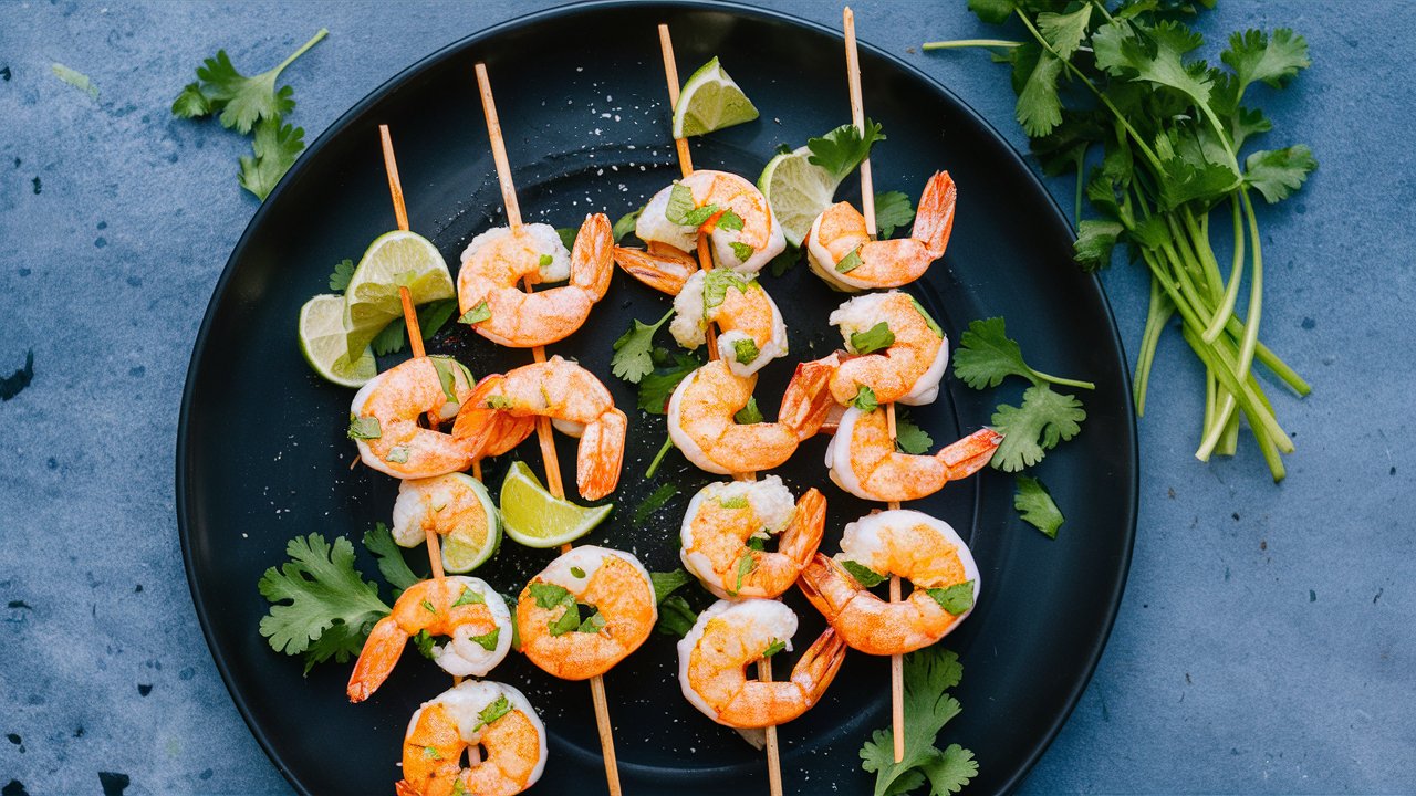 Shrimp skewers are artfully arranged on a black plate with lime wedges and cilantro garnish. A few sprigs of fresh cilantro lie beside the plate, against a textured blue surface.