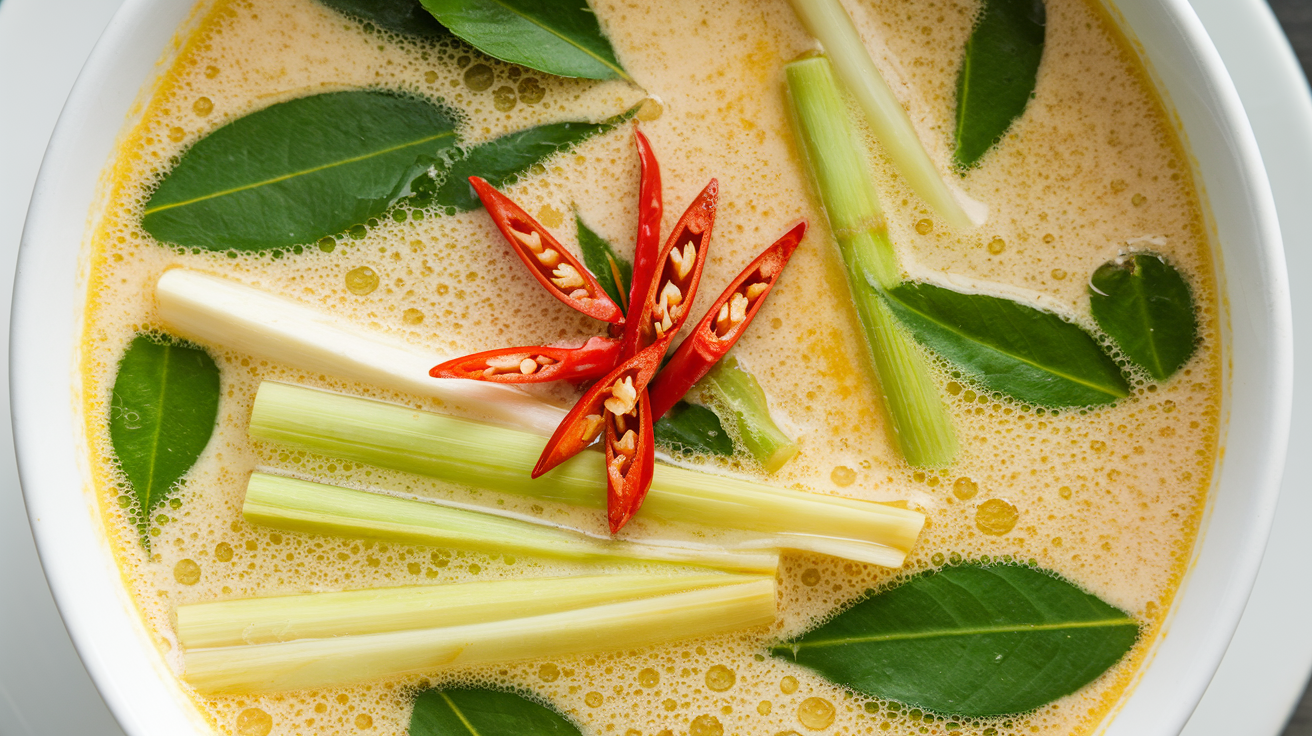 A bowl of creamy Coconut Lemongrass Soup topped with slices of red chili and green leaves. The soups rich, orange-yellow broth hints at a spicy or tangy flavor. This vibrant vegan recipe is meticulously arranged for an eye-catching presentation.