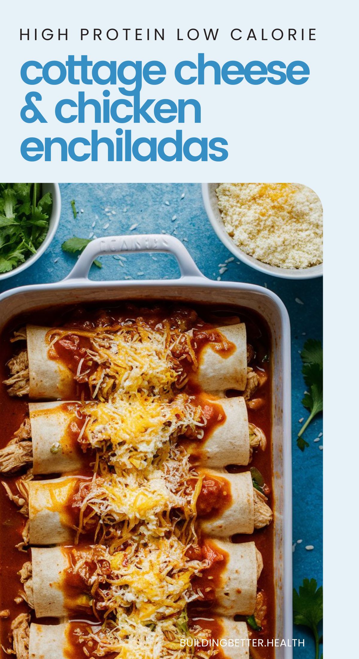 Looking for easy dinner ideas that are high protein and low in calories?  This shredded chicken and cottage cheese enchilada recipe is one of our favorites!

High protein low carb, 400 calorie meals, chicken dinners, cottage cheese recipes, easy meal prep