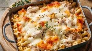 Creamy Cottage Cheese Chicken Alfredo Bake fresh from the oven.