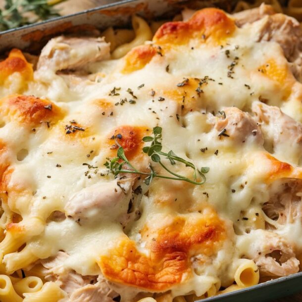 Creamy Cottage Cheese Chicken Alfredo Bake fresh from the oven.