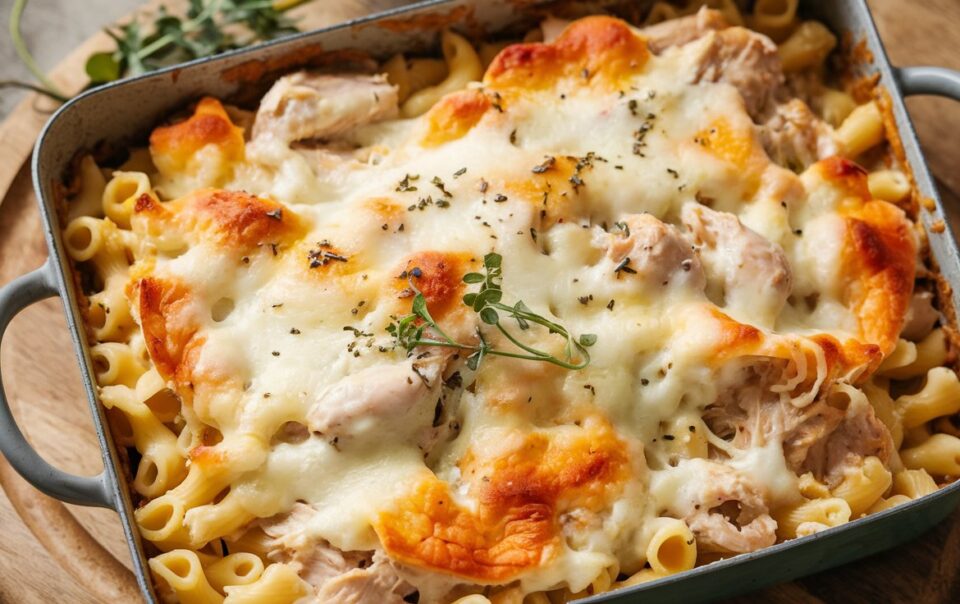 Creamy Cottage Cheese Chicken Alfredo Bake fresh from the oven.