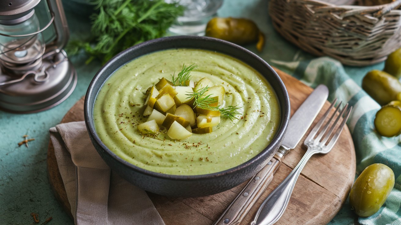 A bowl of creamy dill pickle soup, garnished with chopped pickles and dill, rests on a wooden board with a fork and knife beside it. A teal cloth, whole pickles, and a lantern adorn the background.
