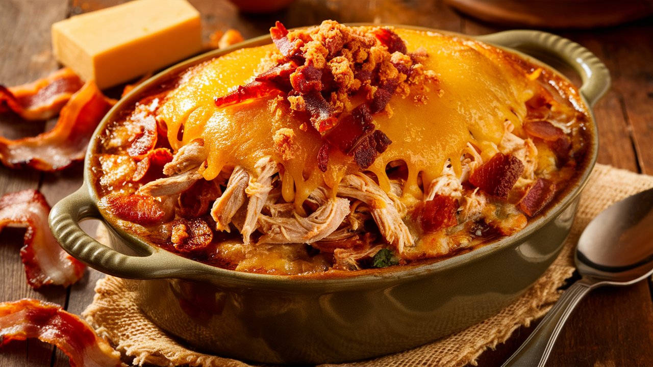 The Bacon and Chicken Casserole is a delightful baked dish, brimming with shredded chicken, melted cheddar, and topped with crispy bacon. Set on a burlap cloth, it features scattered bacon slices and a cheese block in the backdrop, with a spoon ready to dig in.
