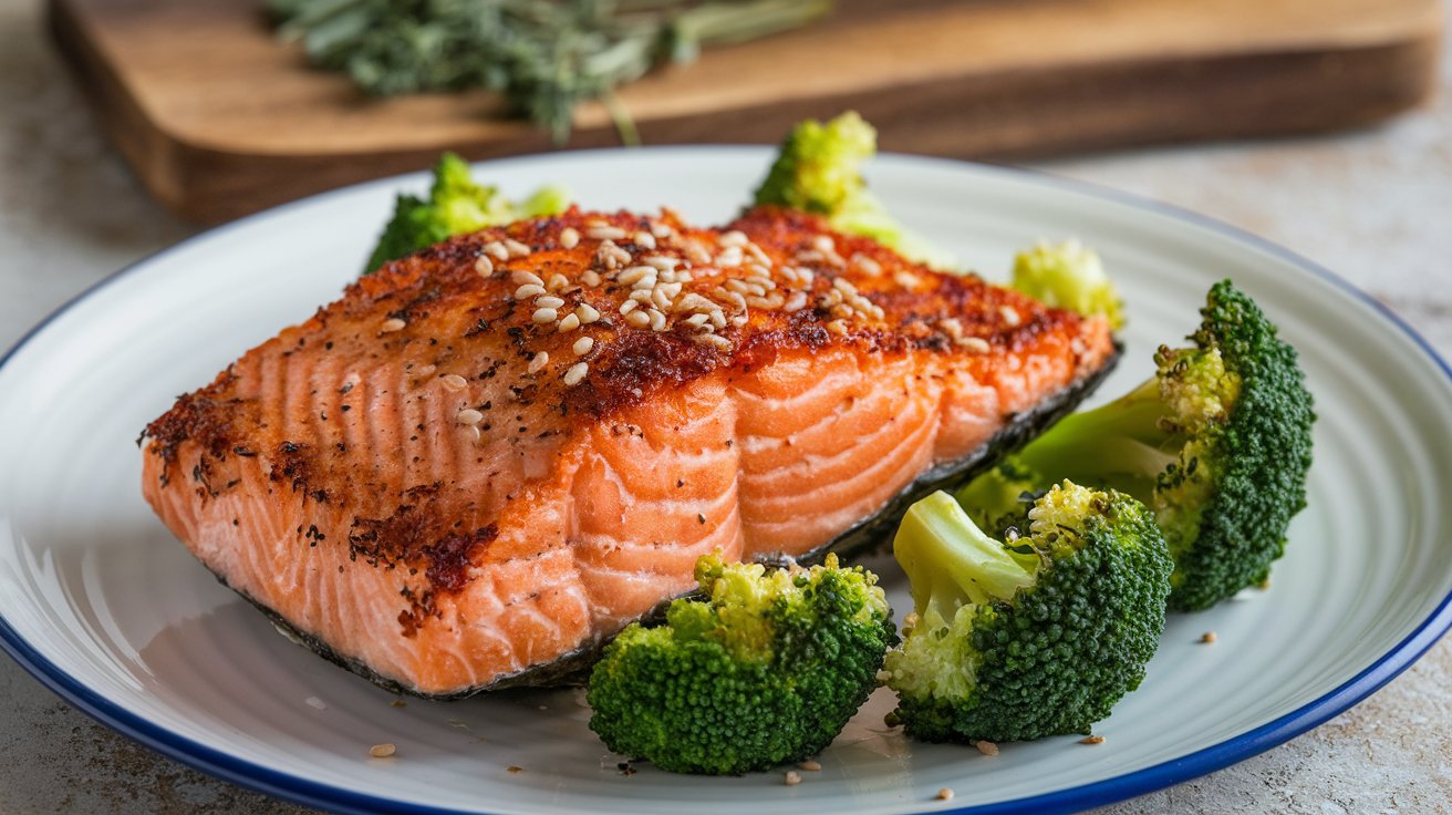 Air-fried salmon garnished with sesame seeds sits on a white plate, surrounded by steamed broccoli florets. The plate rests on a textured surface, and a wooden board with herbs is visible in the background.