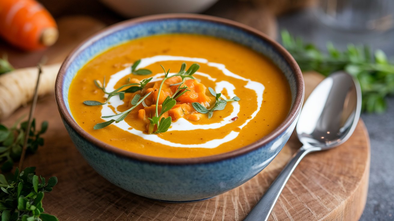 A bowl of creamy Curried Carrot and Parsnip Soup garnished with a swirl of cream and fresh herbs sits on a wooden surface. A spoon rests beside the bowl, with herbs and a carrot in the background, creating a cozy, rustic feel.