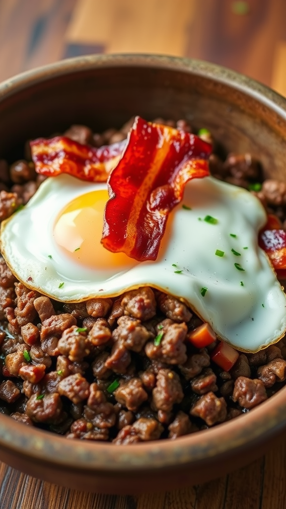 A savory carnivore delight, this rustic bowl features seasoned ground beef crowned with a sunny-side-up egg and crispy bacon slices. Sprinkled with chopped herbs, the dish is served on a wooden table.
