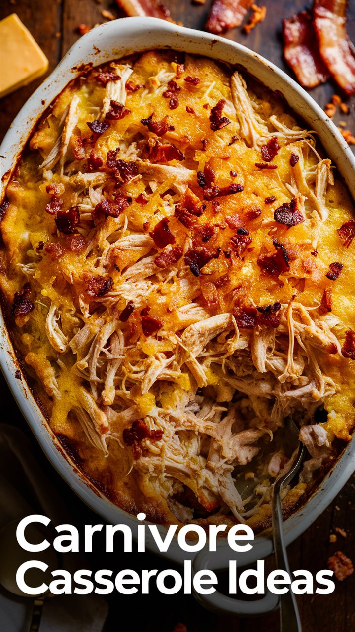 A golden, bubbly casserole dish filled with creamy shredded chicken, crispy bacon, and melted cheese. The casserole is garnished with crumbled bacon on top and sits on a rustic wooden table, surrounded by subtle ingredients like a block of cheddar cheese, cooked bacon slices, and a spoon ready for serving. The warm lighting emphasizes the comforting, indulgent nature of the dish