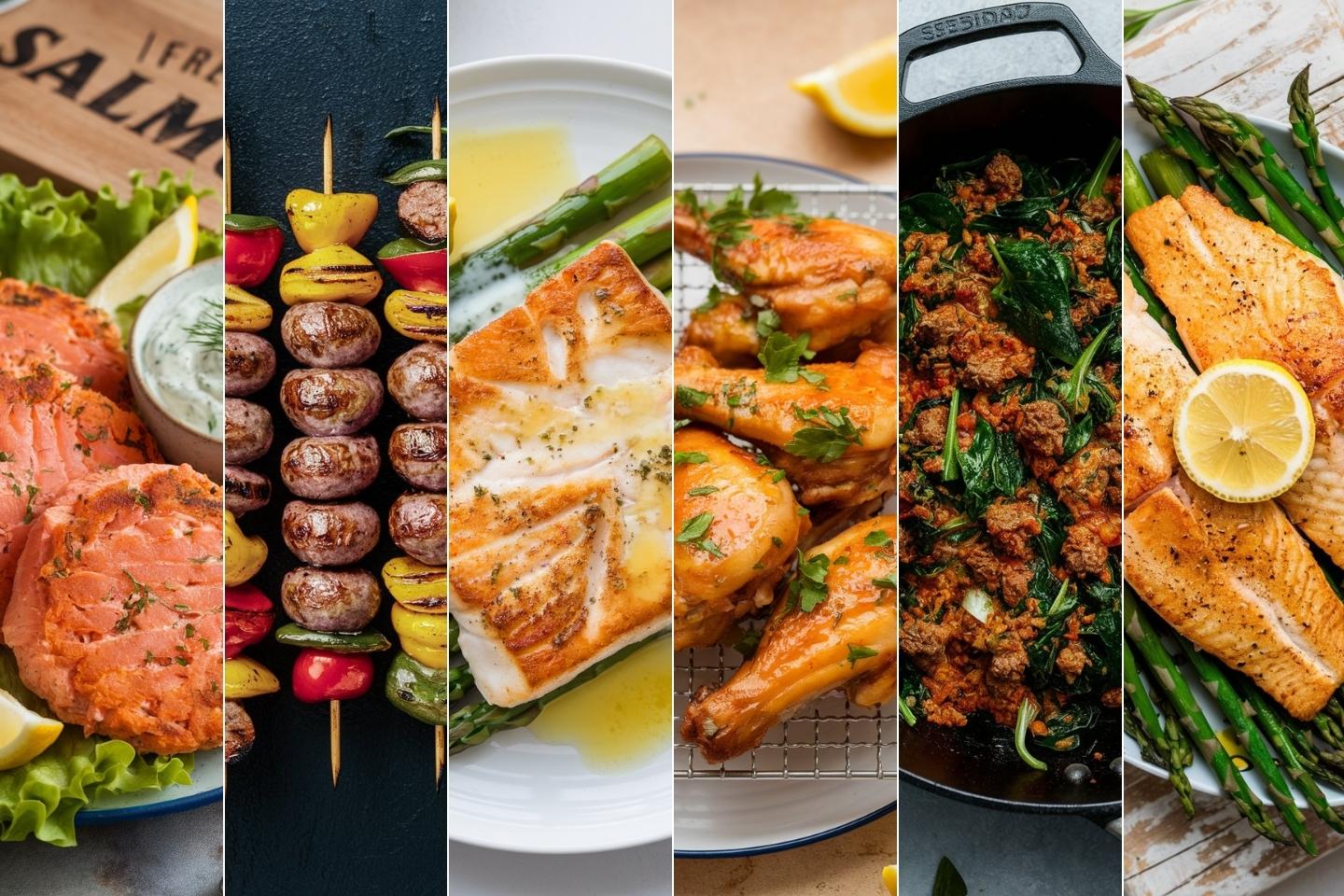 Collage of six easy keto dinner recipes: smoked salmon with lettuce and sauce, grilled shrimp and vegetable skewers, pan-seared fish with asparagus, roasted chicken drumsticks, spiced fish and greens in a pan, and grilled fish with lemon and asparagus.