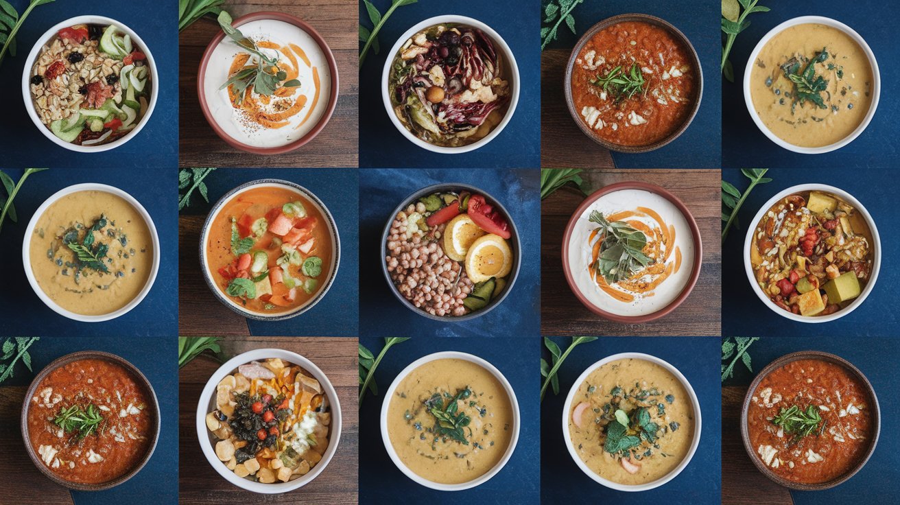 A collage of twelve diverse vegan soup recipes in bowls, each unique in color and garnishing, arranged on a dark blue surface. Some soups are creamy, others chunky, with toppings like herbs, seeds, or vegetables, showcasing a variety of textures and ingredients.