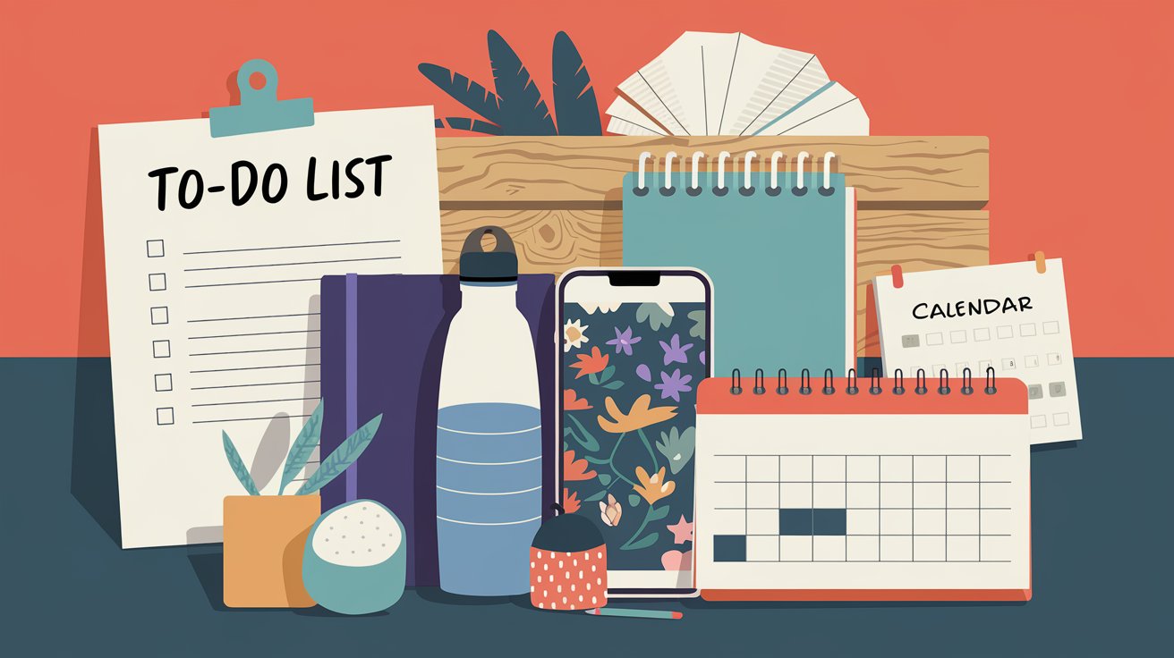 Illustration of a desk with a neatly organized to-do list, books, water bottle, smartphone with a floral case, two spiral-bound notebooks, a potted plant, and a small calendar on a dark surface against a red wall.