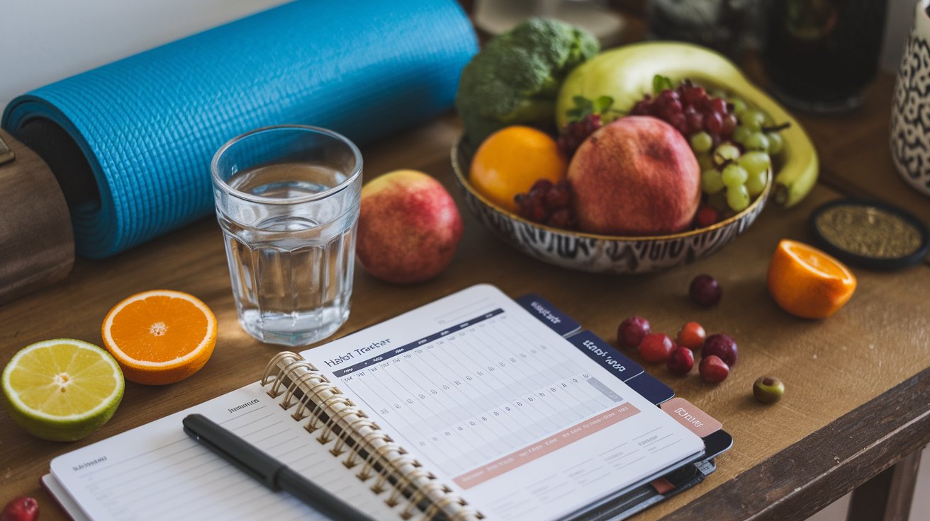 A wooden table showcases a glass of water, sliced citrus fruits, and a planner with a pen—essentials for habits to start. A bowl holds assorted fruits like apples, bananas, grapes, and broccoli. In the background lies a rolled-up blue yoga mat, ready for your wellness routine.