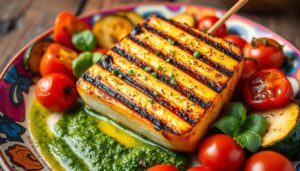 Grilled Halloumi with Pesto and Roasted Veggies