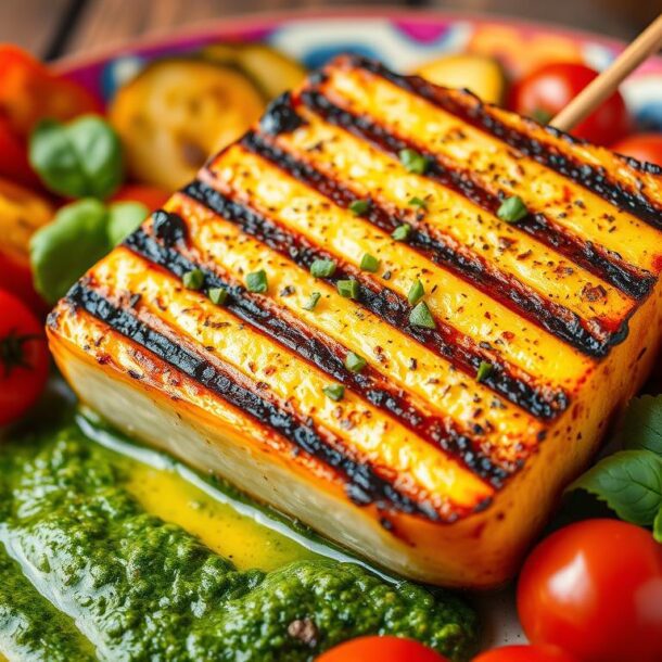 Grilled Halloumi with Pesto and Roasted Veggies