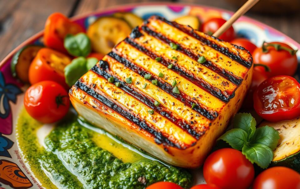 Grilled Halloumi with Pesto and Roasted Veggies