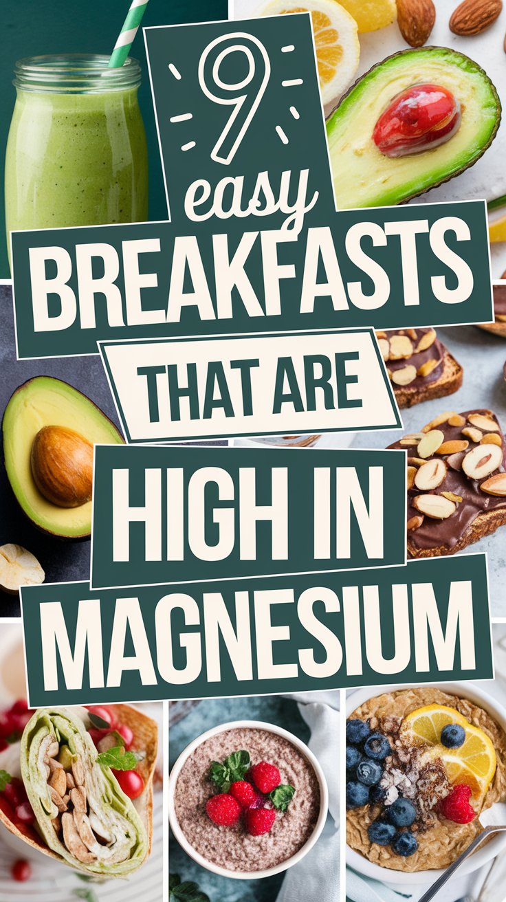 Collage image with the text "9 Easy Breakfasts that are High in Magnesium" in large, bold, whimsical letters. There is a collage of different magnesium-rich breakfast recipes, including a green smoothie, avocados, toast with peanut butter and almonds, chocolate chia pudding, a breakfast wrap and oatmeal. The focus is on high magnesium foods and easy recipes.