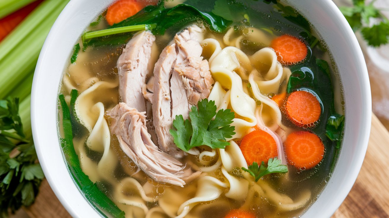 A bowl of healthy chicken noodle soup with thick, curly noodles, sliced carrots, and tender chicken in a clear broth. Garnished with fresh parsley, this wholesome recipe is surrounded by celery and parsley on a wooden surface.