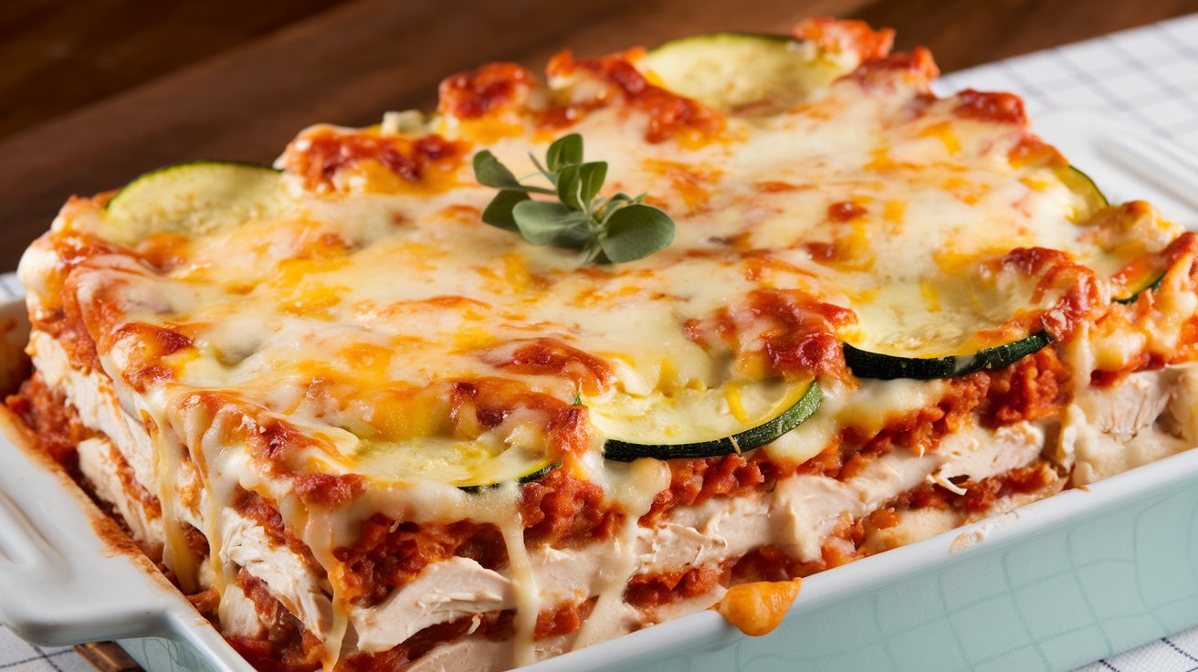 A close-up of a freshly baked chicken lasagna in a white dish, layered with zucchini slices, rich tomato sauce, and melted cheese. A dollop of cottage cheese adds creaminess. A sprig of fresh herbs is placed on top for garnish. The dish rests on a checkered cloth.