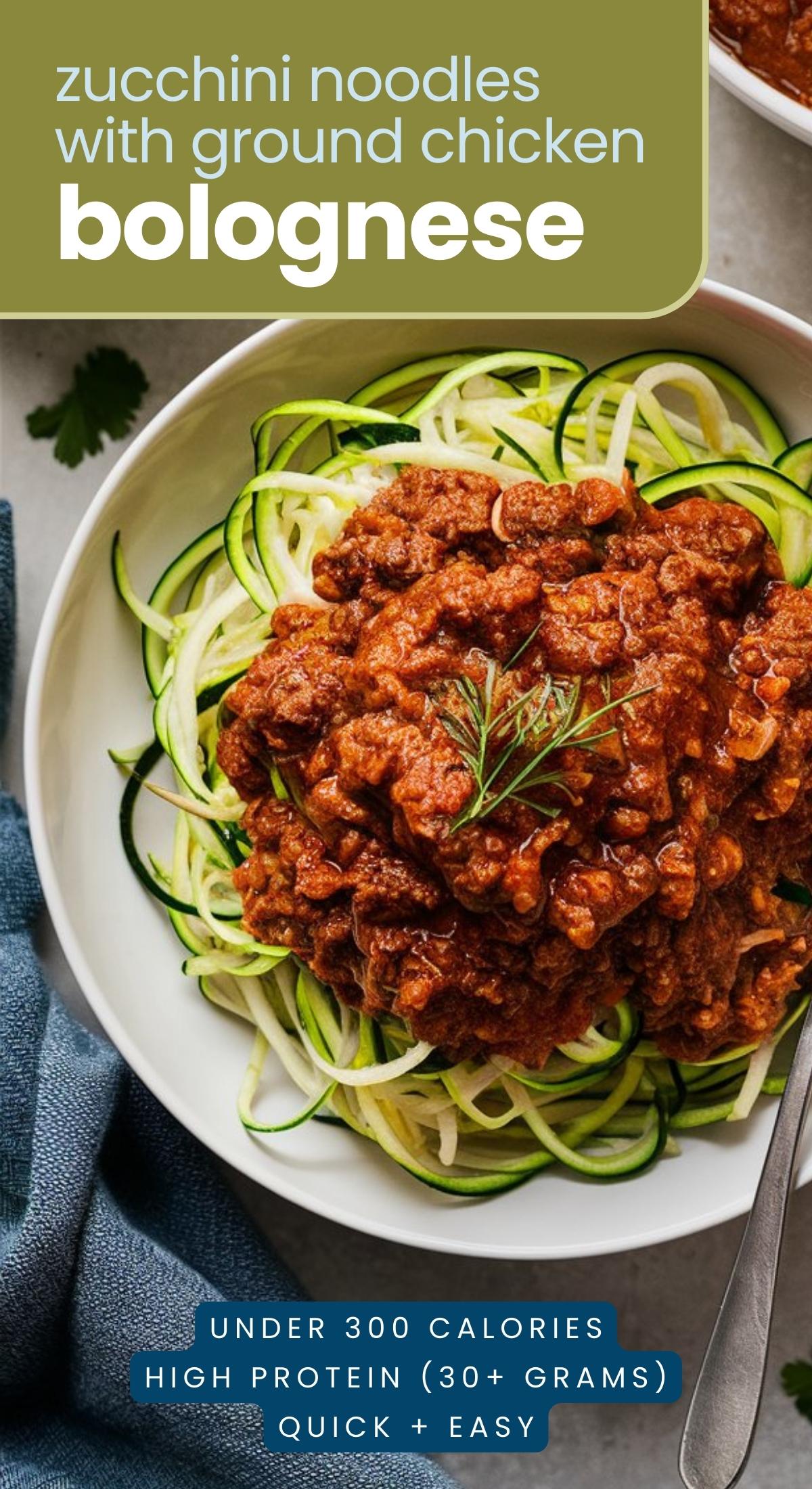 Zucchini Noodles with Ground Chicken Bolognese on a dinner plate.