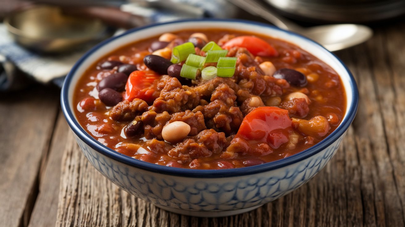 A bowl of turkey chili on a wooden surface, featuring a hearty mix of minced meat, kidney beans, and white beans. The dish is garnished with sliced green onions and contains visible chunks of tomatoes and red peppers. A spoon is in the background.