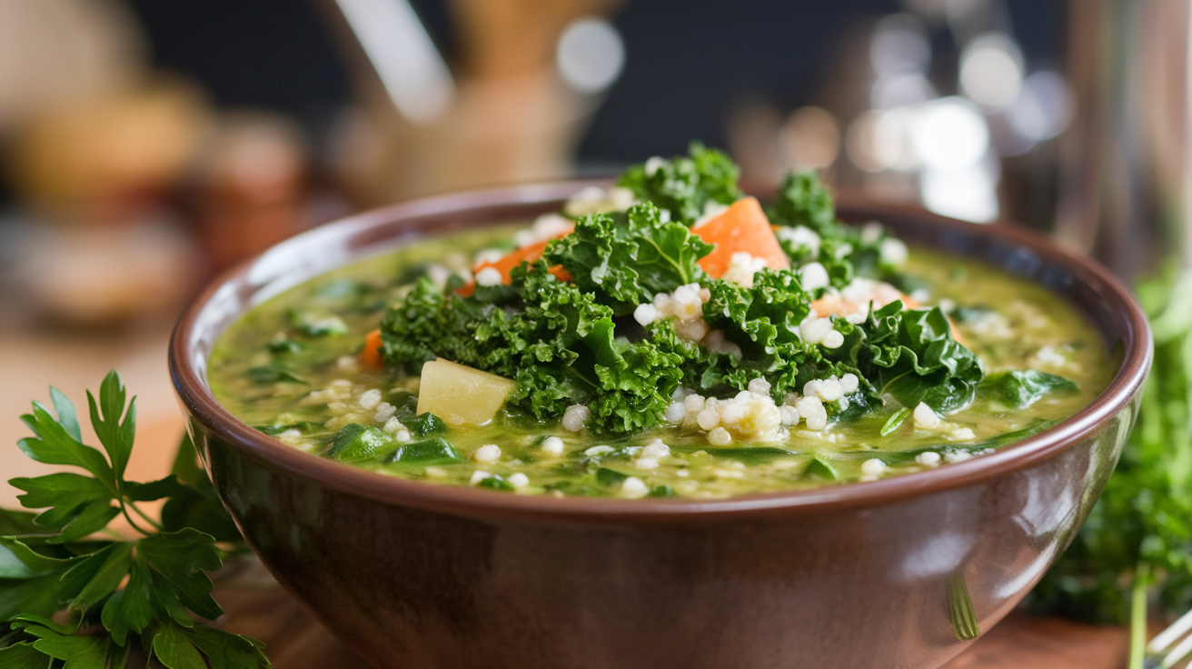A bowl of vibrant green kale and quinoa soup topped with diced carrots and couscous. The soup sits in a brown ceramic bowl on a wooden table, surrounded by fresh parsley, with the background softly blurred.