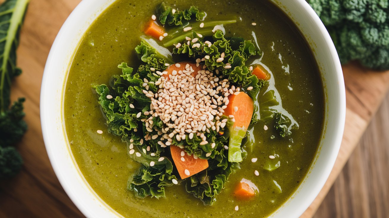 A detox soup brimming with green vegetables, garnished with kale leaves and carrot slices, is sprinkled with sesame seeds. Its beautifully set on a wooden surface, accompanied by broccoli in the background.