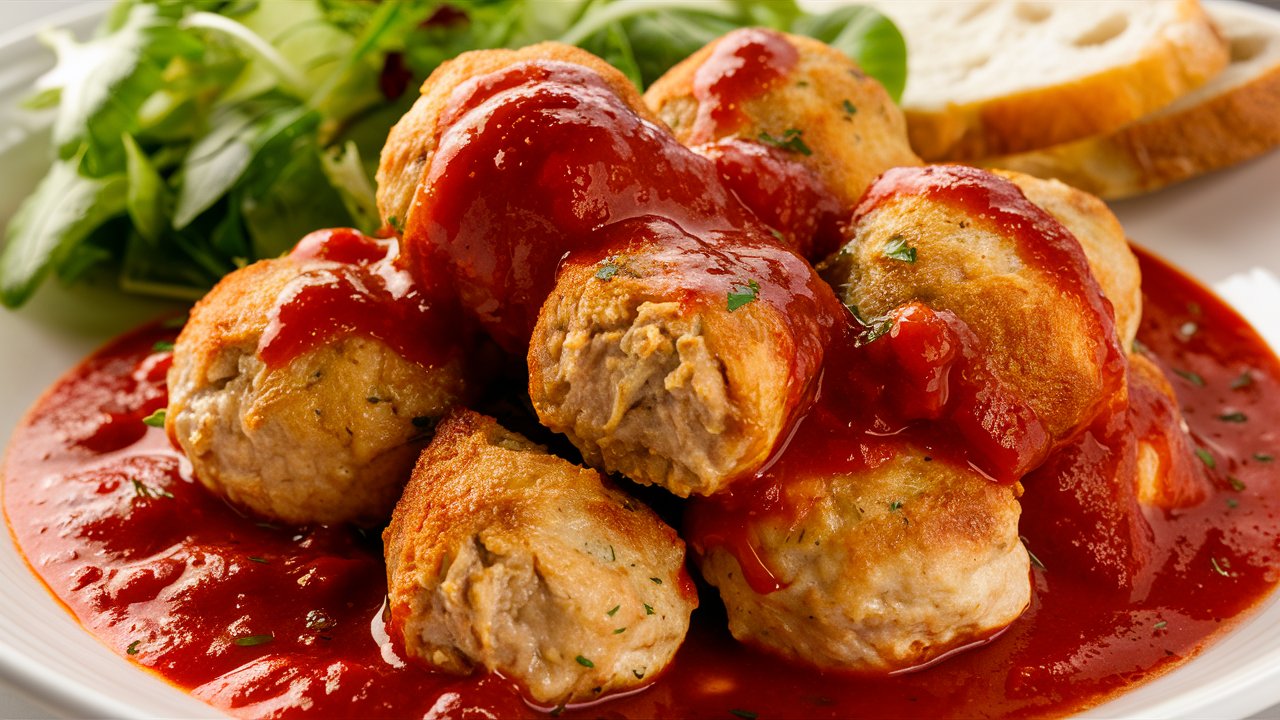 Plate of chicken meatballs covered in a rich tomato sauce, garnished with herbs. Accompanied by slices of bread and a side salad with mixed greens in the background.