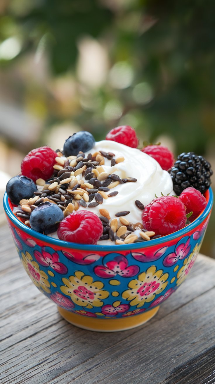 Simple, delicious, and packed with magnesium, this yogurt bowl is an easy way to fuel your morning. The pumpkin and hemp seeds add crunch and nutrients, while berries bring a burst of flavor and antioxidants. High Magnesium recipe with approx 110 mg per serving.