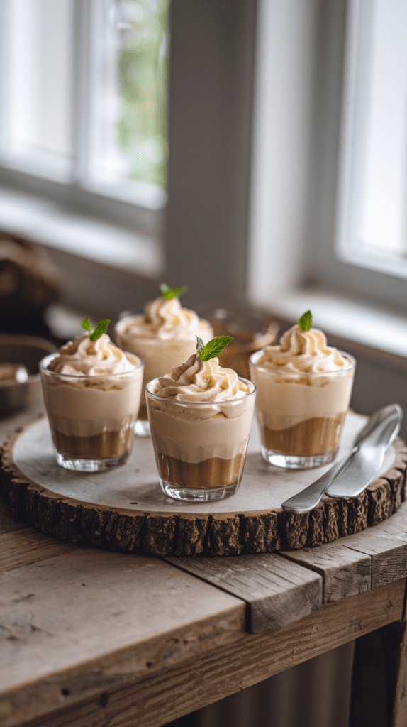 Creamy, velvety mousse in small glass cups, garnished with a swirl of cream and a single mint leaf. The cups rest on a rustic wooden table with soft natural light filtering in.