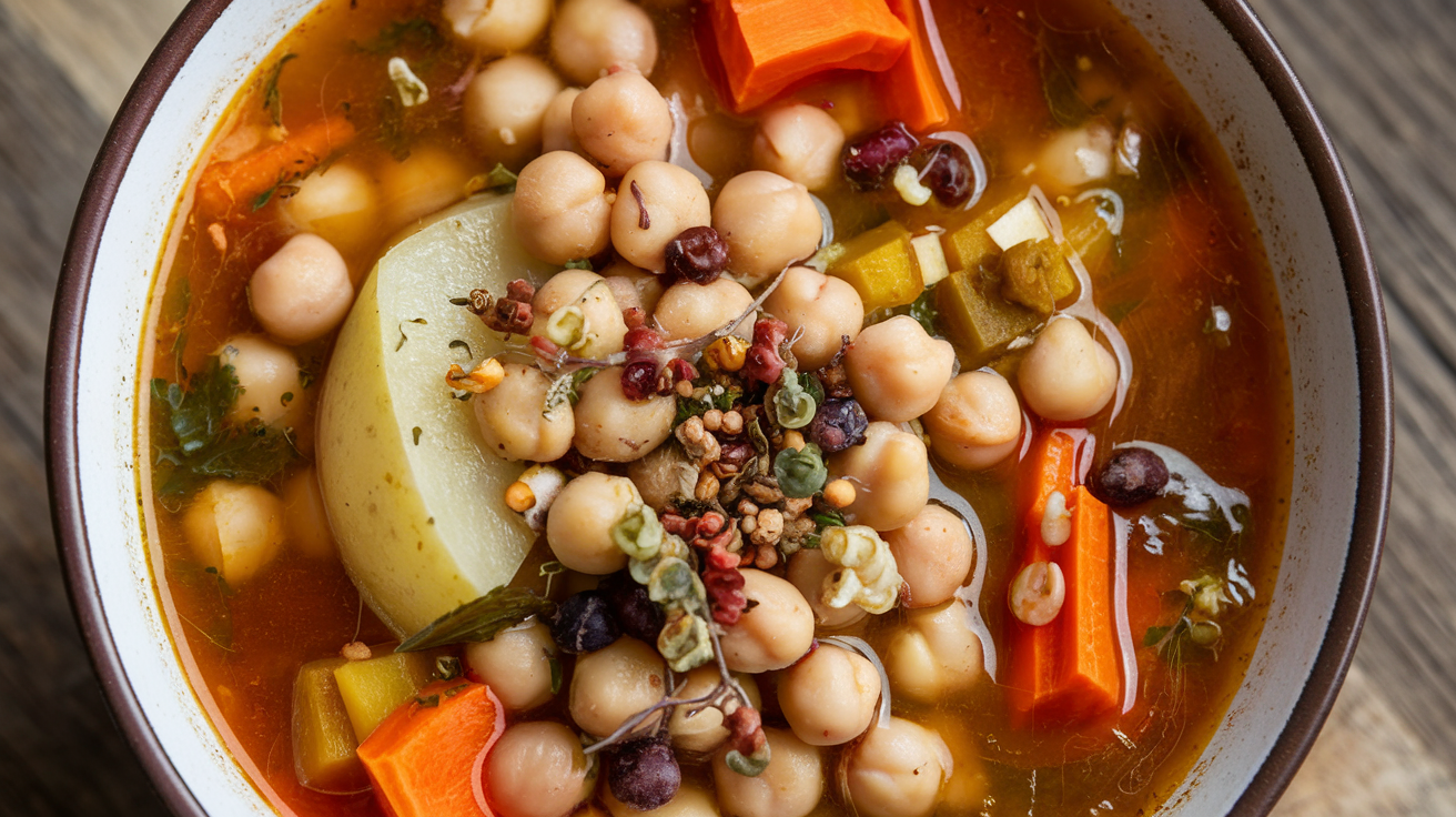 A bowl of Moroccan chickpea and vegetable soup, featuring chickpeas, sliced carrots, a potato chunk, and mixed beans in a rich broth. This aromatic dish is garnished with herbs and seeds, served in a white bowl with a brown rim on a wooden surface.