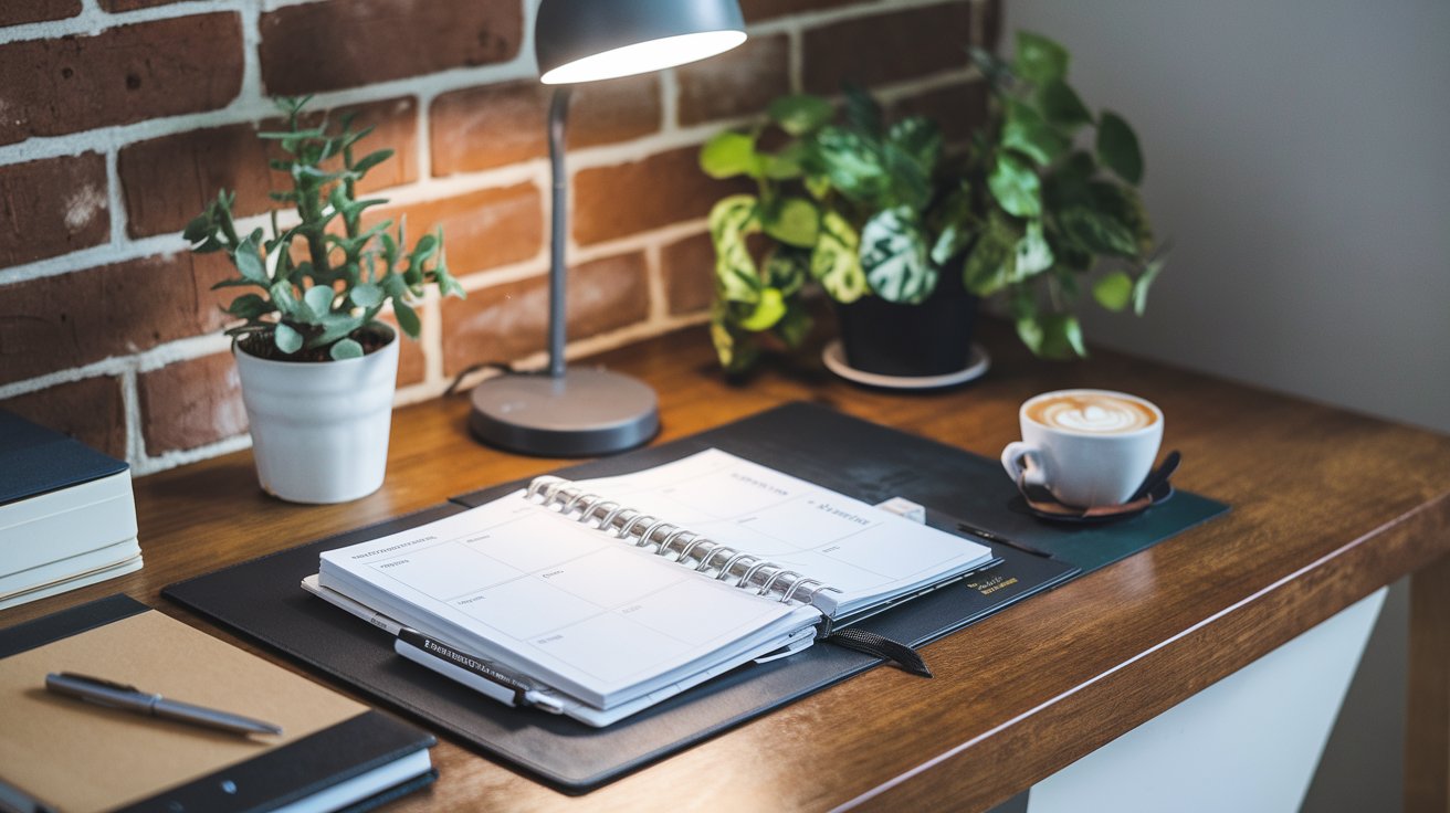 A cozy desk setup invites productivity with an open planner ready to set resolutions. A lit grey desk lamp casts a warm glow, while a cup of cappuccino and two small potted plants add charm. The wooden desk, backed by a brick wall, holds a closed notebook and pen nearby for inspiration.