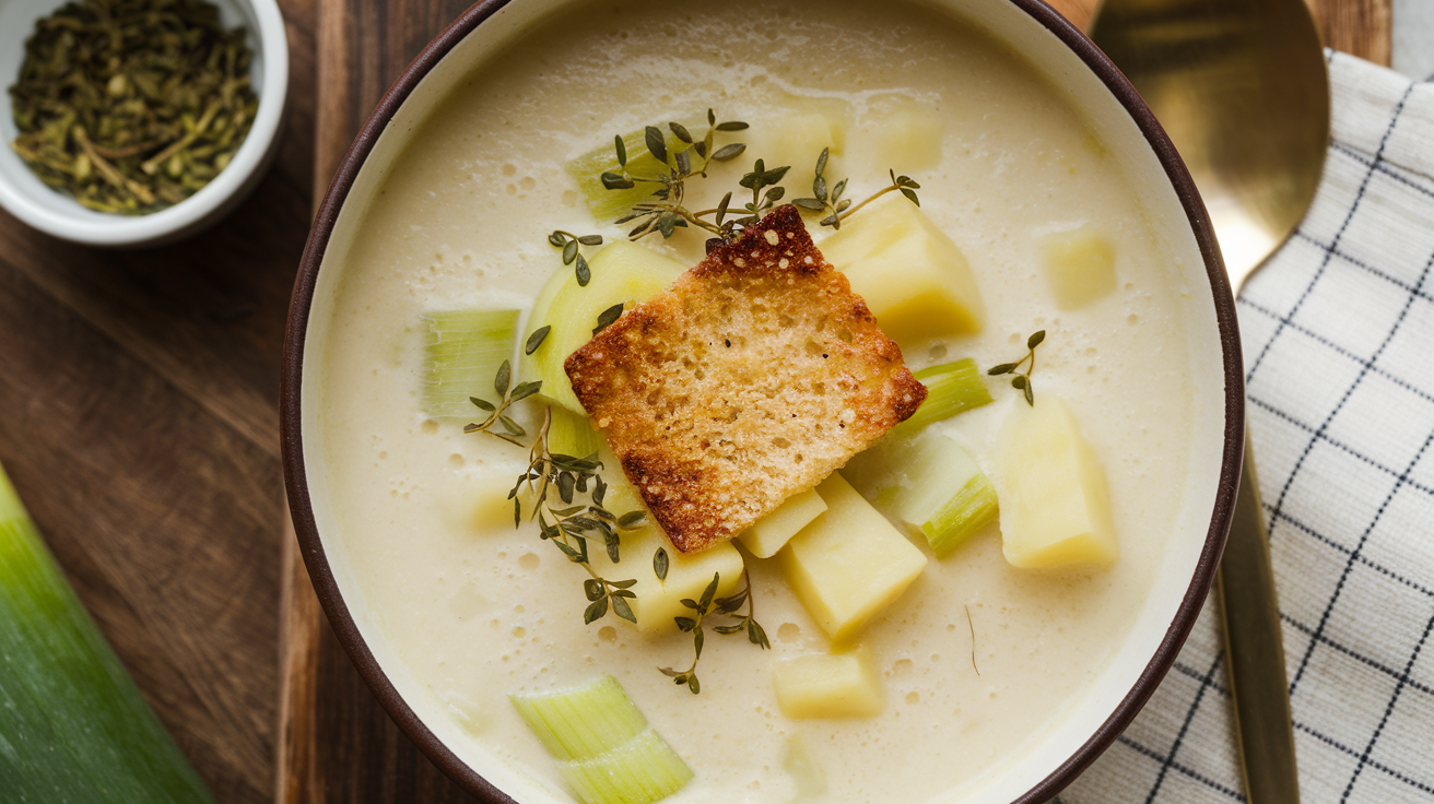 A bowl of creamy potato leek soup topped with diced potatoes, leeks, thyme leaves, and a crispy crouton. A spoon and a small bowl of herbs are on the side. The setting includes a checkered napkin and a portion of a leek.
