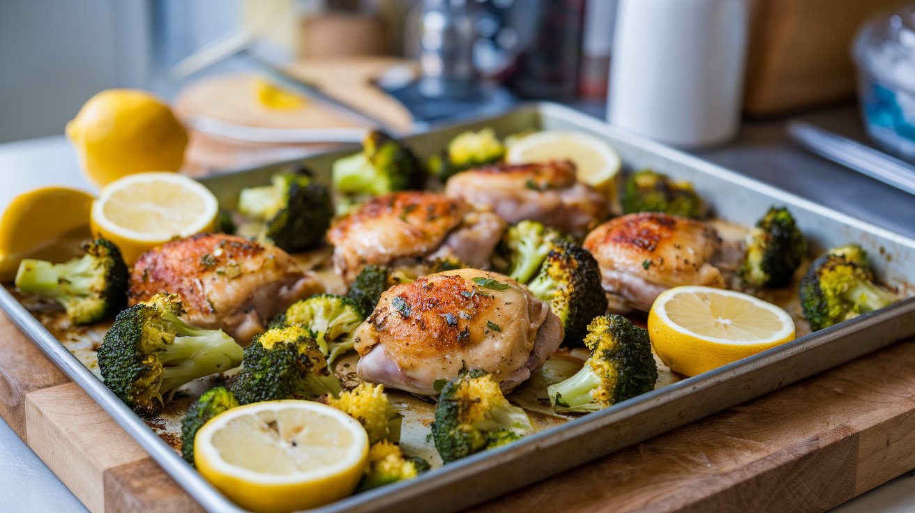 A baking sheet with Lemon Garlic Chicken thighs and broccoli, garnished with herbs. Slices of lemon are scattered around the tray. The background includes a wooden cutting board and kitchen items.