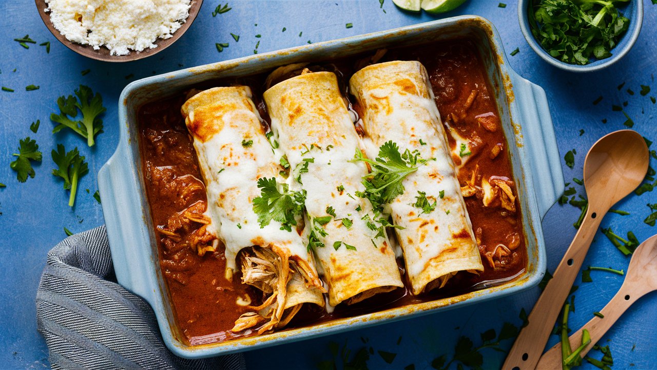 Three shredded chicken enchiladas topped with melted cheese and garnished with cilantro sit in a blue baking dish filled with sauce. A wooden spoon, fork, a bowl of cottage cheese, and fresh cilantro are nearby on a blue surface.