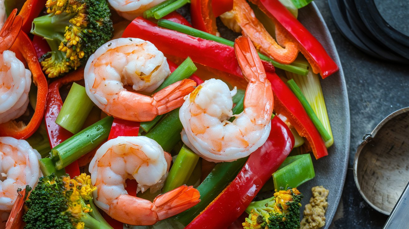 A close-up of a vibrant shrimp stir-fry with veggies highlights a colorful mix of sliced red bell peppers, broccoli florets, and green onions. The ingredients are artfully arranged on a plate, showcasing an appetizing blend of red, green, and orange hues.