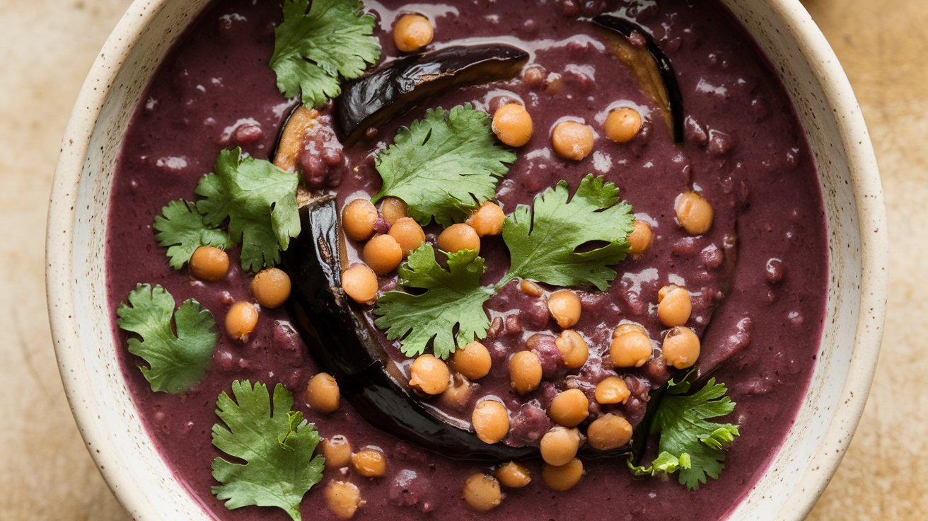 A bowl of vegan eggplant and lentil soup garnished with chickpeas, cilantro leaves, and slices of dark roasted eggplant. The colors contrast beautifully, with vivid greens and light chickpeas standing out against the rich purple soup.