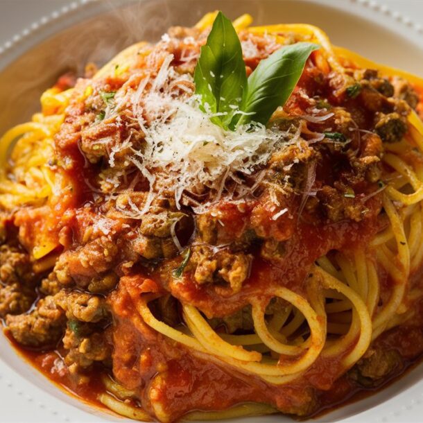 Dinner plate with Spaghetti Squash with Ground Turkey Marinara