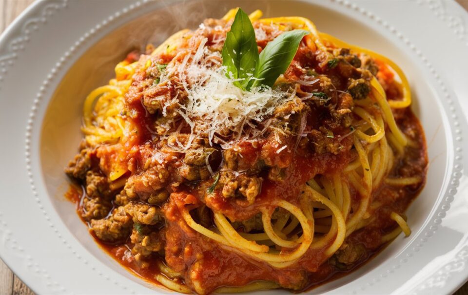 Dinner plate with Spaghetti Squash with Ground Turkey Marinara