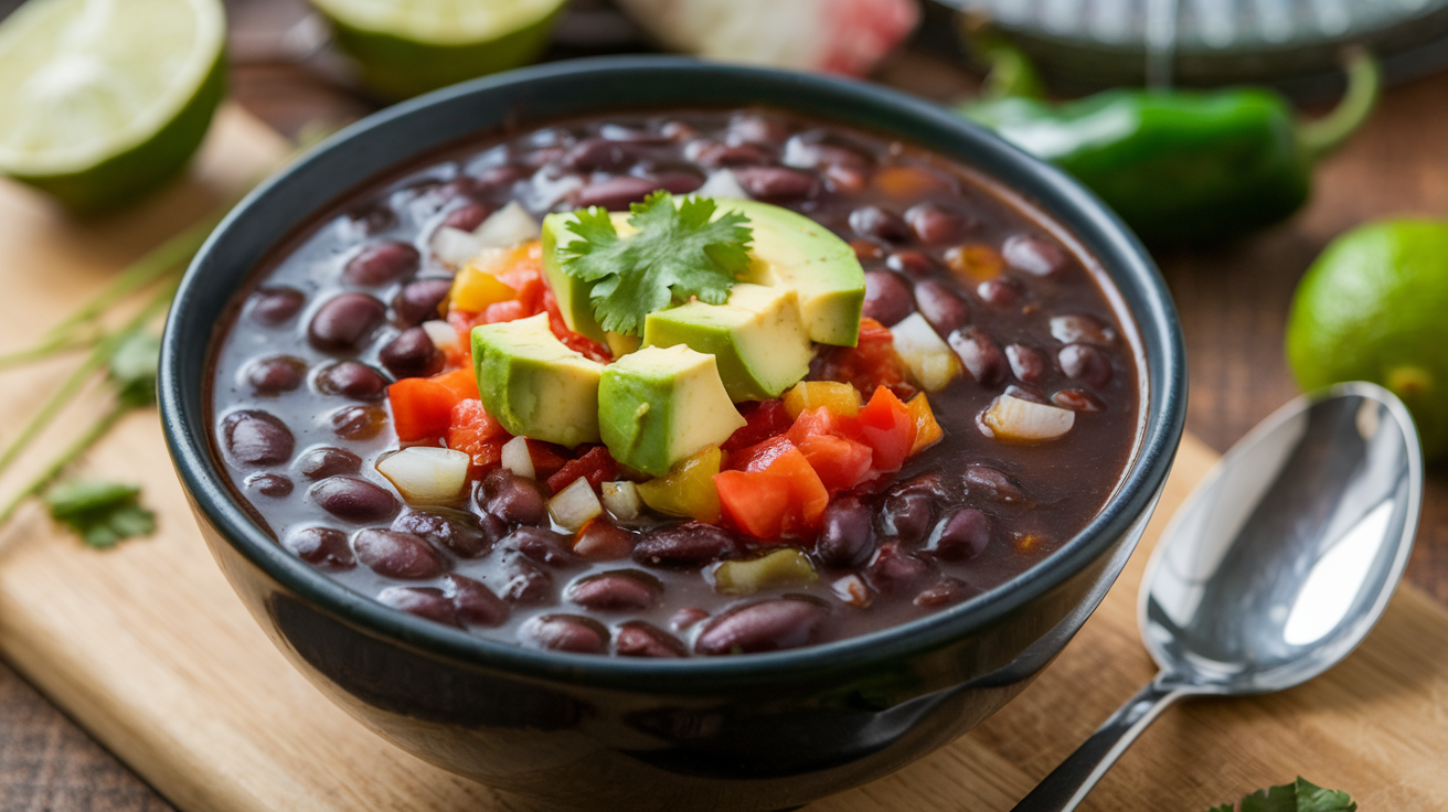 A savory bowl of Black Bean Soup, garnished with cubes of avocado, diced tomatoes, onions, and a cilantro leaf. The comforting soup rests on a wooden surface with a metal spoon beside it.