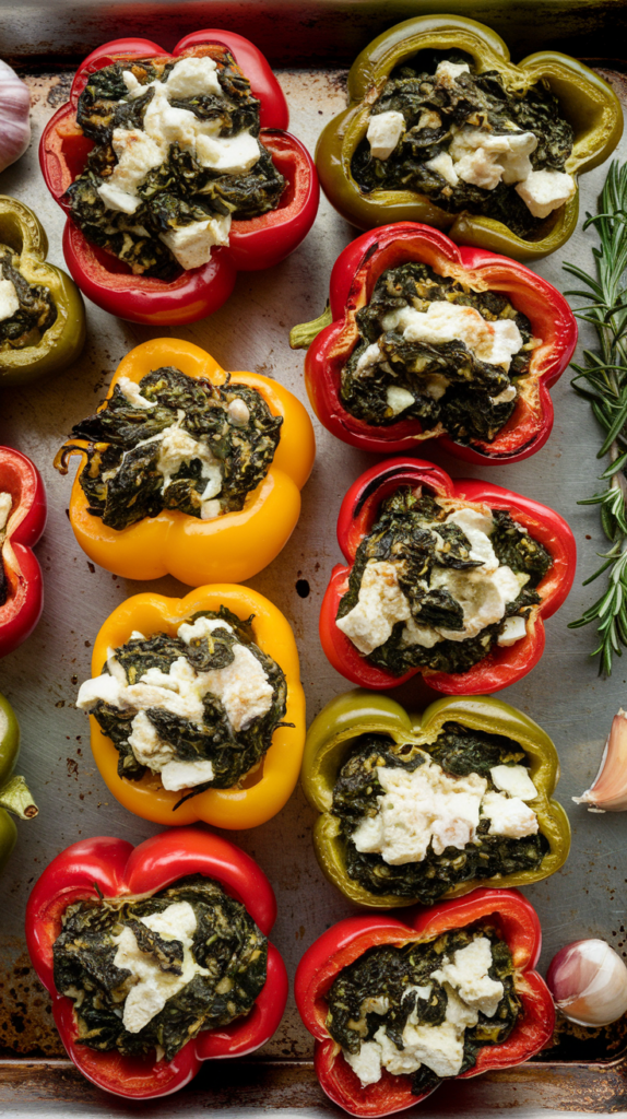 Bell peppers stuffed with a savory blend of spinach and feta.  Great meal prep vegetarian recipe idea!